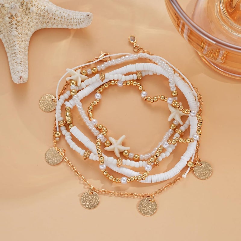 Shall Shell Boho Shell Ankle Bracelet Set for Women, 5 Pairs 14K Boho Bead Handmade Adjustable Anklet, Hawaiian Beach Seashell Starfish Foot Jewelry Gifts - Image 5